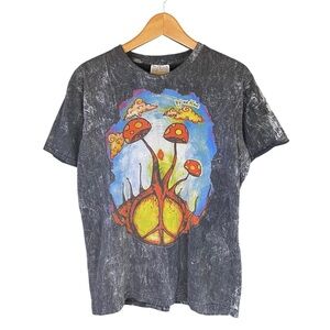Hippie Shirt Unisex Size Medium Multicolor Peace Mushroom Graphic Tee Acid Wash